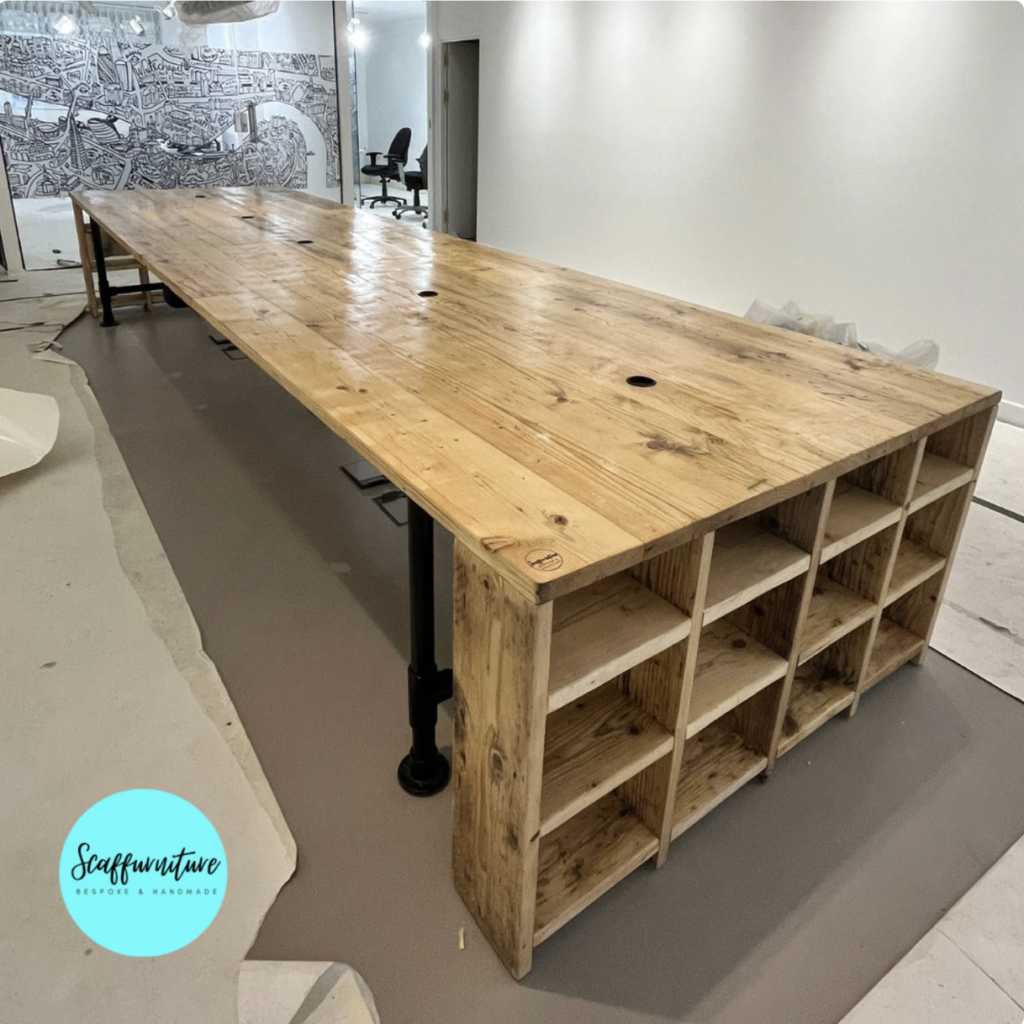 5m Scaffold Table Boardroom 5m Industrial Style Office Table Heavy Duty Scaffold Wood with Black Steel Legs and Wooden Box Ends